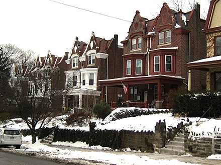Semi-detached houses ("twins") in the Mount Airy section of Philadelphia, Pennsylvania, USA.