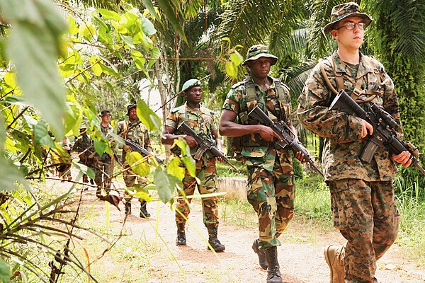 Posed photograph from a U.S. Marine Corps -Ghana jungle warfare training exercise.