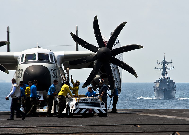 File:US Navy 120130-N-BT887-353 Sailors prepare to move a C-2A Greyhound from the Providers of Fleet Logistics Combat Support Squadron (VRC) 30 aboard t.jpg