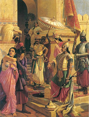 Shachi (Indrani) has been lusted after by various men. In this painting by Raja Ravi Varma, Shachi (far-left) is presented to Ravana after his son Meghnada conquered heaven.