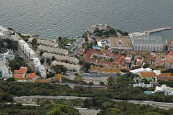 Pink-rendered quadrangle of the old Naval Hospital in Gibraltar (1741). View from Spur Battery, Gibraltar 09.JPG