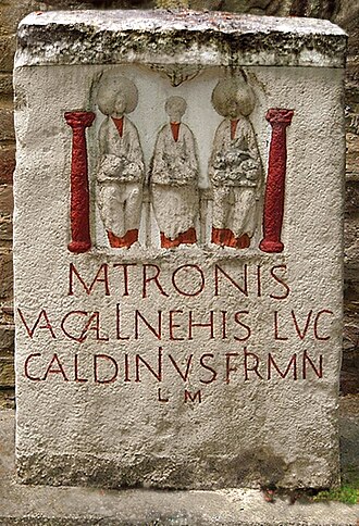 Replica of an altar for the Matrons of Vacallina (Matronae Vacallinehae) from Mechernich-Weyer, Germany Weyer (Mechernich) - Weihestein des Caldinius Firminius.jpg