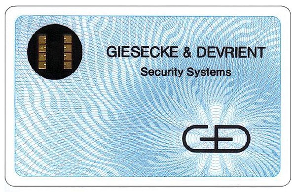 First smart card manufactured by Giesecke & Devrient in 1979, already with the finally standardized dimension (ID-1) and a contact area with eight pad