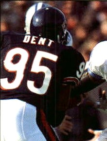 Richard Dent, a key part of the Bears' defense, was named MVP with his performance in Super Bowl XX. 1988 Lions Police - 09 Lomas Brown (Richard Dent crop).jpg