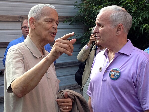 Julian Bond and Minnesota Governor Mark Dayton at a rally opposing a ballot initiative aimed at prohibiting same-sex marriage in that state in June 20