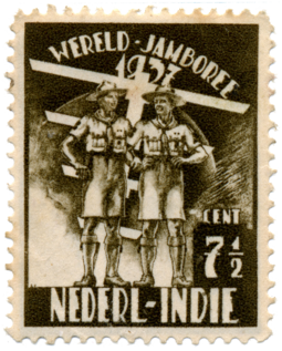 The net results of this stamp was used to pay the trip of the Netherlands East Indies Boy Scouts to the 5th World Scout Jamboree 5th World Scout Jamboree Netherlands East Indies stamp 1937.png