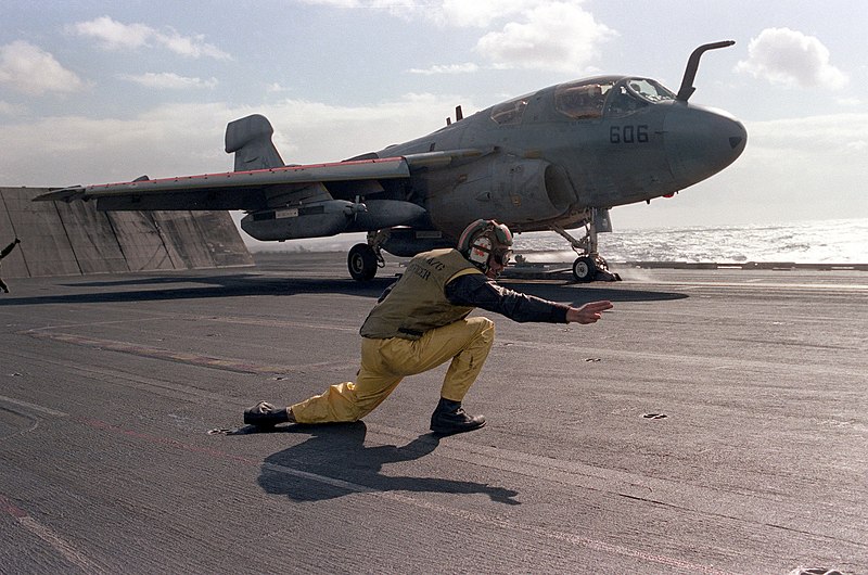 File:A catapult officer aboard the aircraft carrier USS SARATOGA (CV 60) signals with two fingers that an EA-6B Prowler aircraft is ready to be launched - DPLA - 0e064080fcc182d0812780b0cd411095.jpeg