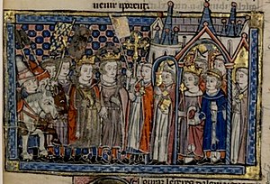 Miniature depicting Louis VIII and Conrad III meeting Melisende and Fulk