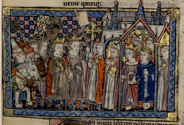 Kings Louis VIII and Conrad III meet Queen Melisende and King Baldwin III at Acre from a 13th-century codex