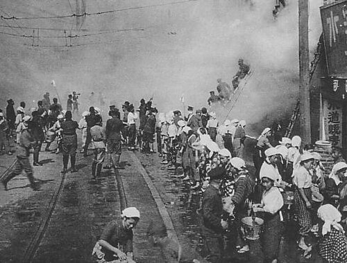 Civilians participating in an air-raid drill during 1942