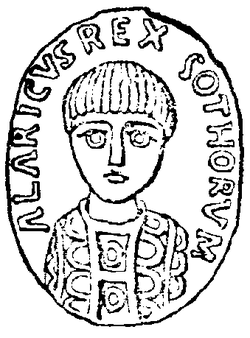 Kuvatekstissä lukee latinaksi "Alarik, goottien kuningas" (Alaricus rex gothorum).