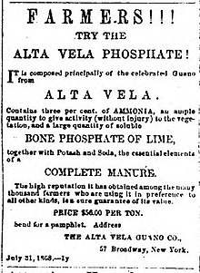 An 1868 newspaper advertisement for Alta Vela phosphate fertilizer Alta Vela Guano Company advertisement (1868).jpg
