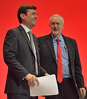 Burnham (Left) and Jeremy Corbyn (Right) re-elected as Leader of the Party at the 2016 Labour Party Conference Andy Burnham and Jeremy Corbyn, 2016 Labour Party Conference.jpg
