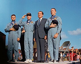 President Richard Nixon and the Apollo 13 crew (right to left: Jack Swigert, Jim Lovell and Fred Haise) after being presented the award, 1970