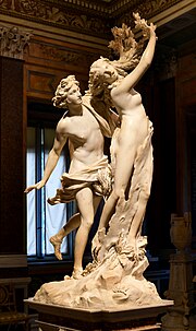 Gianlorenzo Bernini, Apollo pursuing an unwilling Daphne who transforms into a laurel tree Apollo and Daphne (Bernini) (cropped).jpg