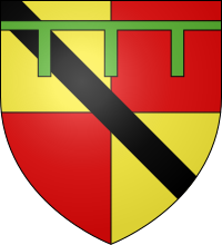 Arms of John de Clavering as shown in Caerlaverock Roll (1301): Quarterly, or and gules overall a bend sable, a label of three points vert. Arms of John de Clavering (d. 1332) as shown in Caerlaverock Roll (1301).svg