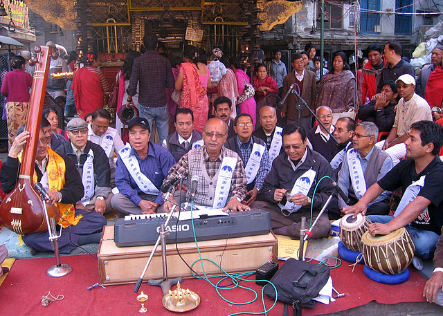 Members of the Nepalese Buddhist Gyānmālā Bhajan Khala singing hymns at Asan, Kathmandu.