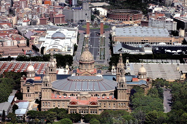 Aerial view of the Palau Nacional, seen from the back.
