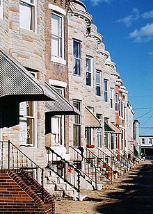 Typical Baltimore formstone-faced rowhouses Baltimoreformstone.jpg