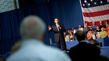 President Barack Obama speaks at a town hall m...