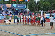 Deutsch: Beachhandball Europameisterschaften 2019 (Beach handball Euro); Tag 6: 7. Juli 2019 – Spiel um Platz Drei, Männer, Ungarn-Russland 2:0 (26:20, 23:22) English: Beach handball Euro; Day 6: 7 July 2019 – Men's Bronze Medal Match – Hungary-Russia 2:0 (26:20, 23:22)