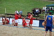 Deutsch: Beachhandball Europameisterschaften 2019 (Beach handball Euro); Tag 6: 7. Juli 2019 – Platzierungsspiele Rang 13-16 Männer, Rumänien-Serbien 2:0 (21:18, 22:20) English: Beach handball Euro; Day 6: 7 July 2019 – Placement Match 13–16 Men – Romania-Serbia 2:0 (21:18, 22:20)