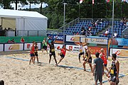 Deutsch: Beachhandball Europameisterschaften 2019 (Beach handball Euro); Tag 2: 3. Juli 2019 – Männer, Vorrunde Gruppe A, Spanien-Norwegen 1:2 (22:26, 28:22, 8:10) English: Beach handball Euro; Day 2: 3 July 2019 – Men Preliminary Round Group A - Spain-Norway 1:2 (22:26, 28:22, 8:10)