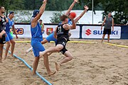 Deutsch: Beachhandball Europameisterschaften 2019 (Beach handball Euro); Tag 2: 3. Juli 2019 – Männer, Vorrunde Gruppe B, Slowenien-Russland 0:2 (16:24, 14:24) English: Beach handball Euro; Day 2: 3 July 2019 – Men Preliminary Round Group B – Slovenia-Russia 0:2 (16:24, 14:24)