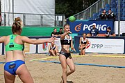 Deutsch: Beachhandball Europameisterschaften 2019 (Beach handball Euro); Tag 2: 3. Juli 2019 – Frauen, Vorrunde Gruppe D, Ukraine-Deutschland 2:0 (23:22, 32:24) English: Beach handball Euro; Day 2: 3 July 2019 – Women Preliminary Round Group D – Ukraine-Germany 2:0 (23:22, 32:24)