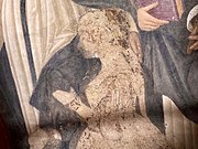 Ciò che rimane del ritratto di Beatrice realizzato da Leonardo da Vinci nel refettorio delle Grazie sulla Crocifissione di Donato Montorfano.