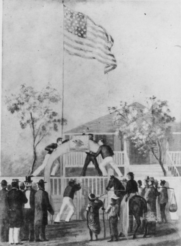 Beresford and Lord Gordon restoring the coat of arms over the United States Legation at Honolulu, 1865