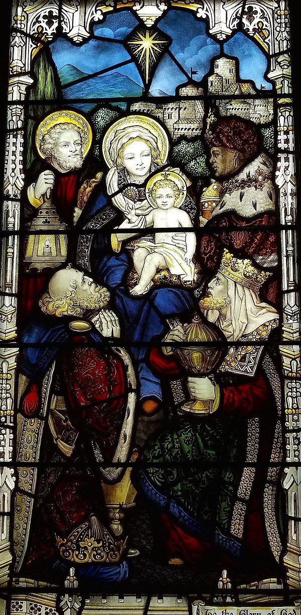 Biblical Magi stained glass window, c. 1896, at the Church of the Good Shepherd (Rosemont, Pennsylvania), showing the Three Magi with Joseph, Mary, an