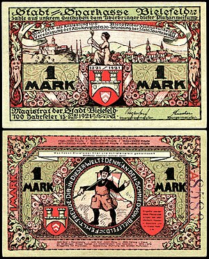 1 Mark "Notgeld" banknote of Bielefeld (1921), RV: "The blacksmith of Bielefeld"