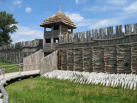 A reconstruction of a Bronze Age, Lusatian culture settlement in Biskupin, 8th century BC