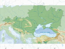 Map of the Black Sea showing the many rivers that supply the basin with low-density fresh water, along with the narrow Bosphorus Strait to the southwest that supplies the basin with high-density salt water. This assists in the stratification and euxinia that exists in the modern Black Sea. Black Sea Catchment Map.svg