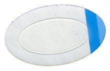 A hydrogel dressing. An entirely transparent adhesive bandage, with a transparent hydrogel pad and adhesive waterproof plastic film (removable backing is blue and white). Blasenpflaster.jpg