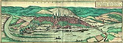 Historical view of Trier by Georg Braun & Frans Hogenberg: Civitates Orbis Terrarum, vol. 1, 1572. Braun&Hogenberg Trier 1572.jpg