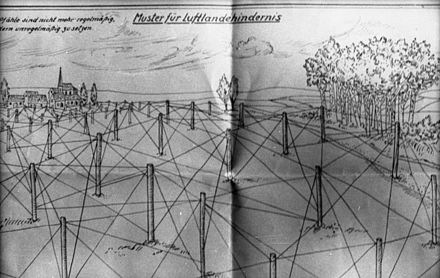 A sketch by Rommel. His words on the picture: "Patterns for anti-airlanding obstacles. Now to be spaced irregularly instead of regularly". The House of Local History of Baden-Württemberg [de] now keeps several of these, some hand-coloured by Rommel himself.[218]