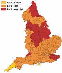 The initial post-lockdown tiers in England, from Wednesday 2 December 2020, were announced on 26 November COVID-19 restriction tiers in England from Wednesday 2 December 2020.png