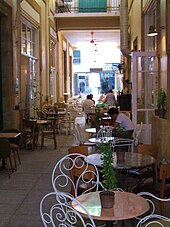 Cypriot style cafe in an arcade in Nicosia Cafes in a stoa small path in Nicosia Republic of Cyprus.JPG