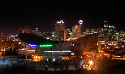Saddledome and Calgary skyline at night