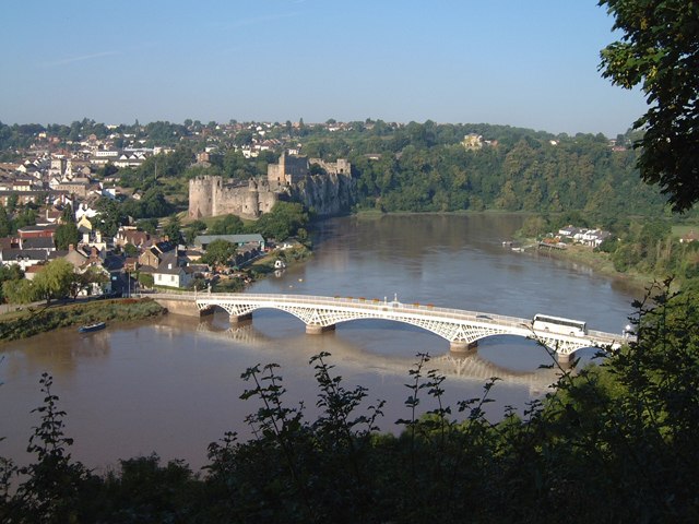 Chepstow Castle and 1816 road bridge across the River Wye, seen from Tutshill
