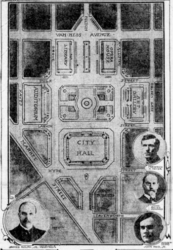 Plan presented for Civic Center in April 1912 with portraits of Mayor Rolph and architectural team. Note the positions of City Hall (east of the central plaza, not west as constructed), and Art Gallery instead of State Building (north of the plaza). Civic Center SF (SF Call, 2 April 1912).png