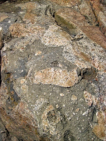 File:Clast-rich impact pseudotachylite (Sudbury Breccia, Paleoproterozoic, 1.85 Ga; Windy Lake Northwest roadcut, Sudbury Impact Structure, Ontario, Canada) 5 (46819354585).jpg