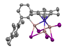 Reaction of a diaryl Co(II) precursor with gallium monoiodide yields a nido-type Co-GaI cluster. Ellipsoids set at 50% probability. Grey = carbon, blue = cobalt, pink = gallium, and magenta = iodine. Hydrogens not depicted. Image recreated using .cif file (deposited to The Cambridge Structural Database). Co GaI.png