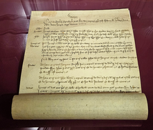 Court roll for the court of Eustace Grenville in Wotton Underwood, Buckinghamshire, 1432 Court Roll of Eusace Grenville - Huntington Library.png