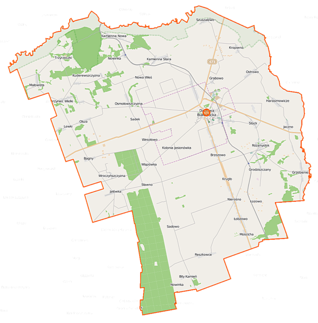 Mapa konturowa gminy Dąbrowa Białostocka, blisko centrum na prawo u góry znajduje się punkt z opisem „Dąbrowa Białostocka”