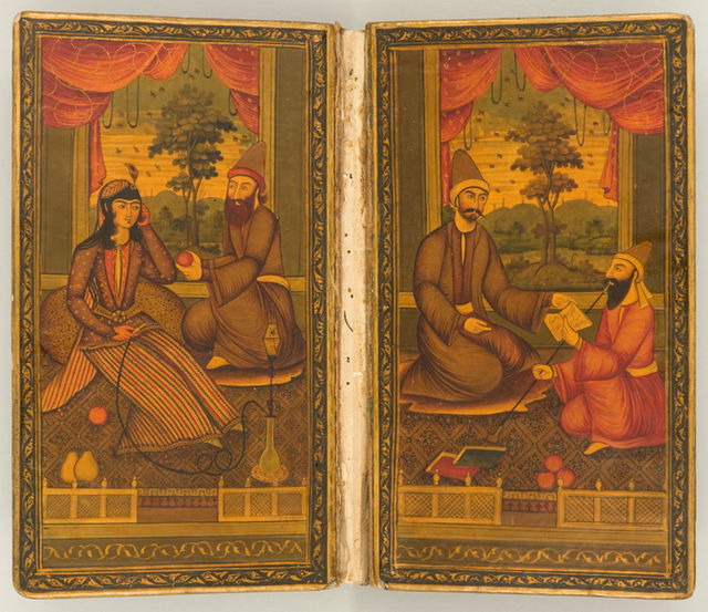 Doublures inside a 19th-century copy of the Divān of Hafez. The front doublure shows Hafez offering his work to a patron.