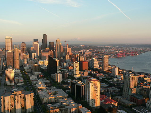 Downtown Seattle viewed from the top of the Space Needle in 2005 (looking south). Beyond downtown lies the Industrial District