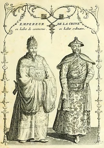 Jesuit missionary illustration of the Qing Emperor in ceremonial and ordinary uniform.
